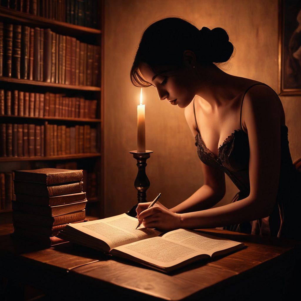 A shadowy library filled with mysterious books on erotic literature, where a lit candle flickers ominously on a wooden table. Subtle hints of adult themes and taboo symbols woven into the book covers. A figure in silhouette is seen cautiously flipping through the pages, evoking emotions of curiosity and intrigue. Soft, muted colors dominate the scene to create a moody atmosphere. 3D. atmospheric lighting. vintage style.