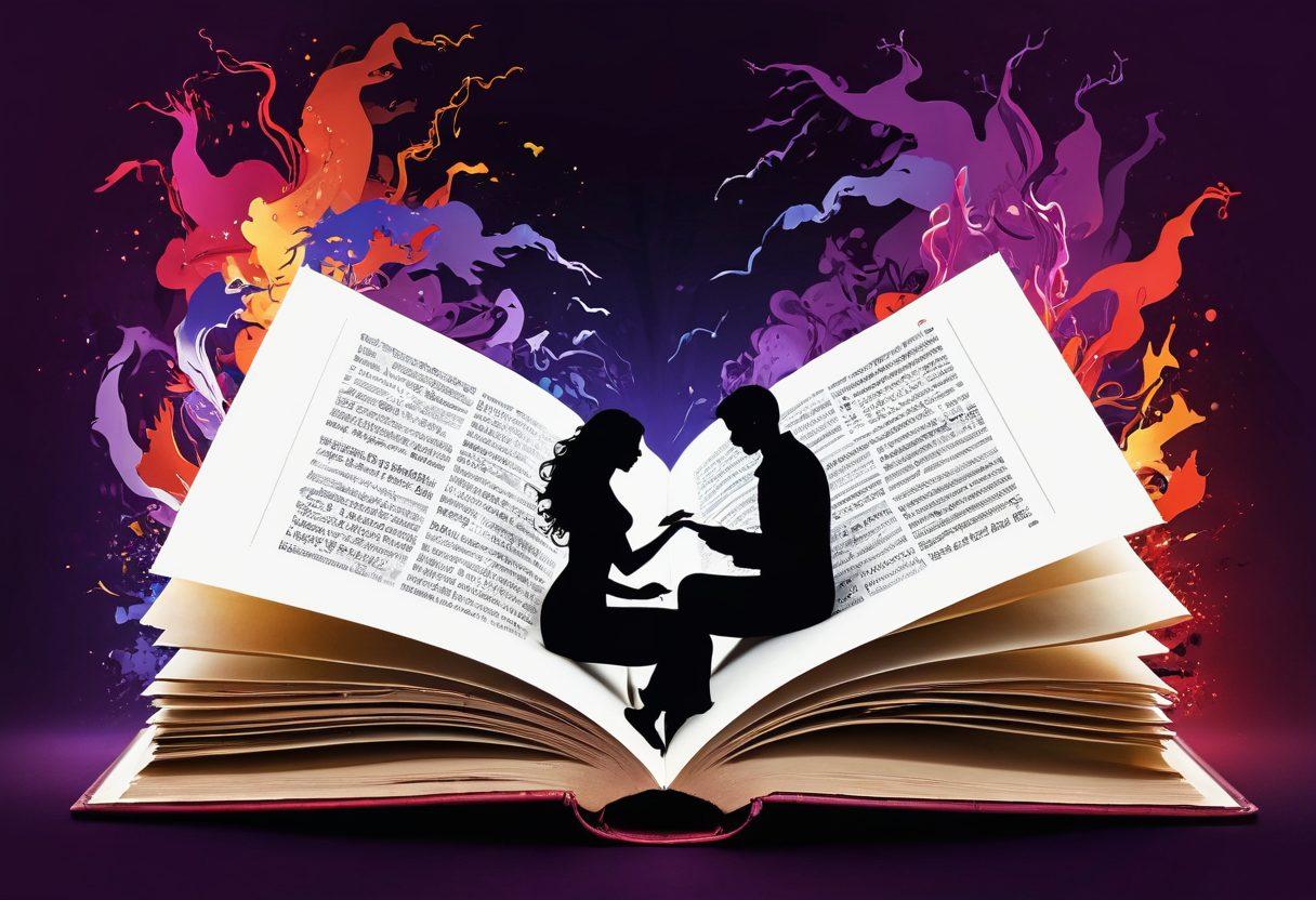 A visually striking illustration of an open book with its pages transforming into vivid scenes of romantic and adventurous encounters, symbolizing the breaking of societal boundaries. Add elements like symbolic chains breaking apart in the background, overlapping silhouettes of diverse characters, and an ethereal glow surrounding the book to convey a sense of liberation. The color palette should be bold and vibrant, including deep reds and purples to evoke passion and allure. surrealistic. vibrant colors. white background.