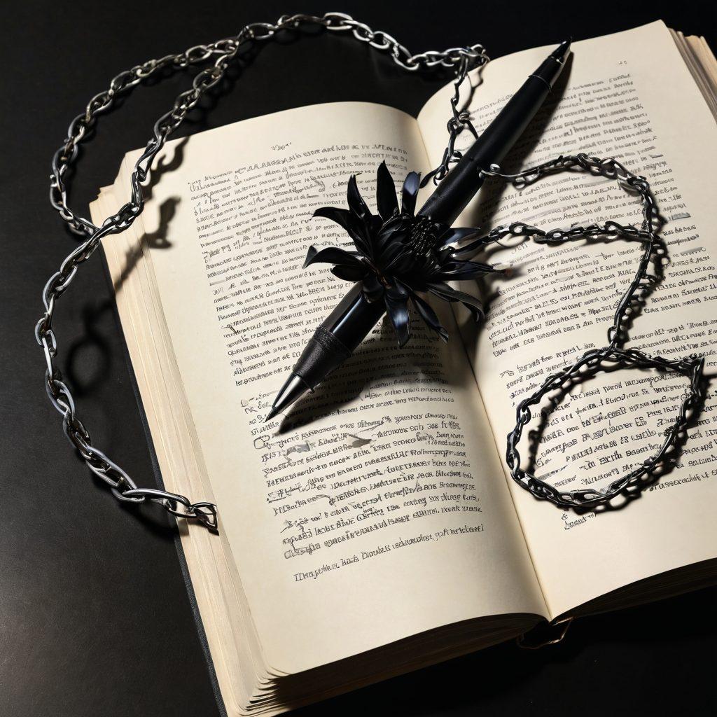 A thought-provoking juxtaposition of a pen writing on an open book, with shadows of tangled chains in the background symbolizing coercion. In the foreground, subtle images of pleasure and pain merge, such as a blooming flower alongside a thorny stem. The overall atmosphere is one of ambivalence, merging literary elements with emotional depth. moody and atmospheric. surrealist style.